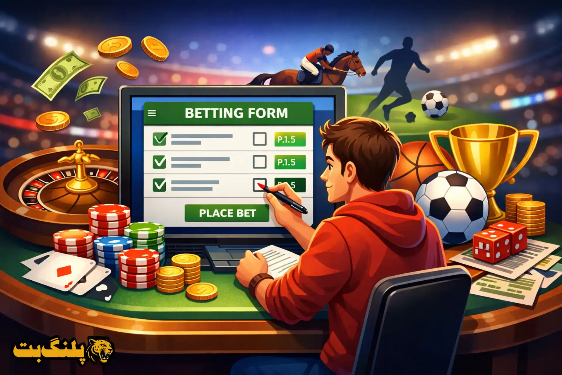 تصویر کارتونی با موضوع نحوه خرید فرم های شرط بندی