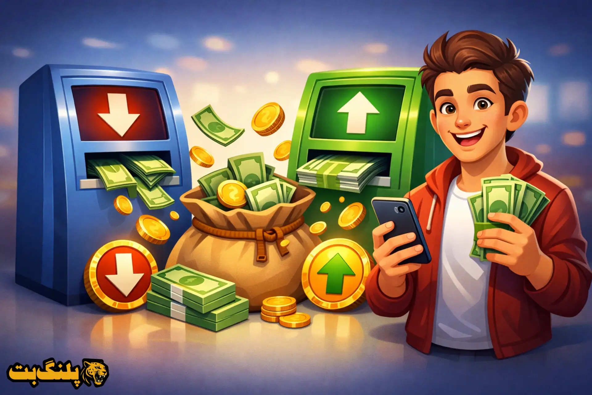 تصویر کارتونی با موضوع روش های برداشت سود و مدیریت مالی بعد از برد